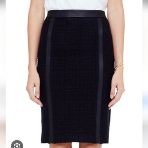 CLUB MONACO | Tweed Pencil Skirt Navy Wool Black Faux Leather Sz 12